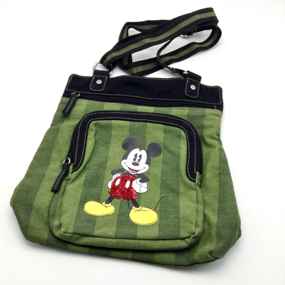 Disney Mickey Mouse Crossbody‎ Bag Green Striped Canvas Purse - Picture 5 of 8